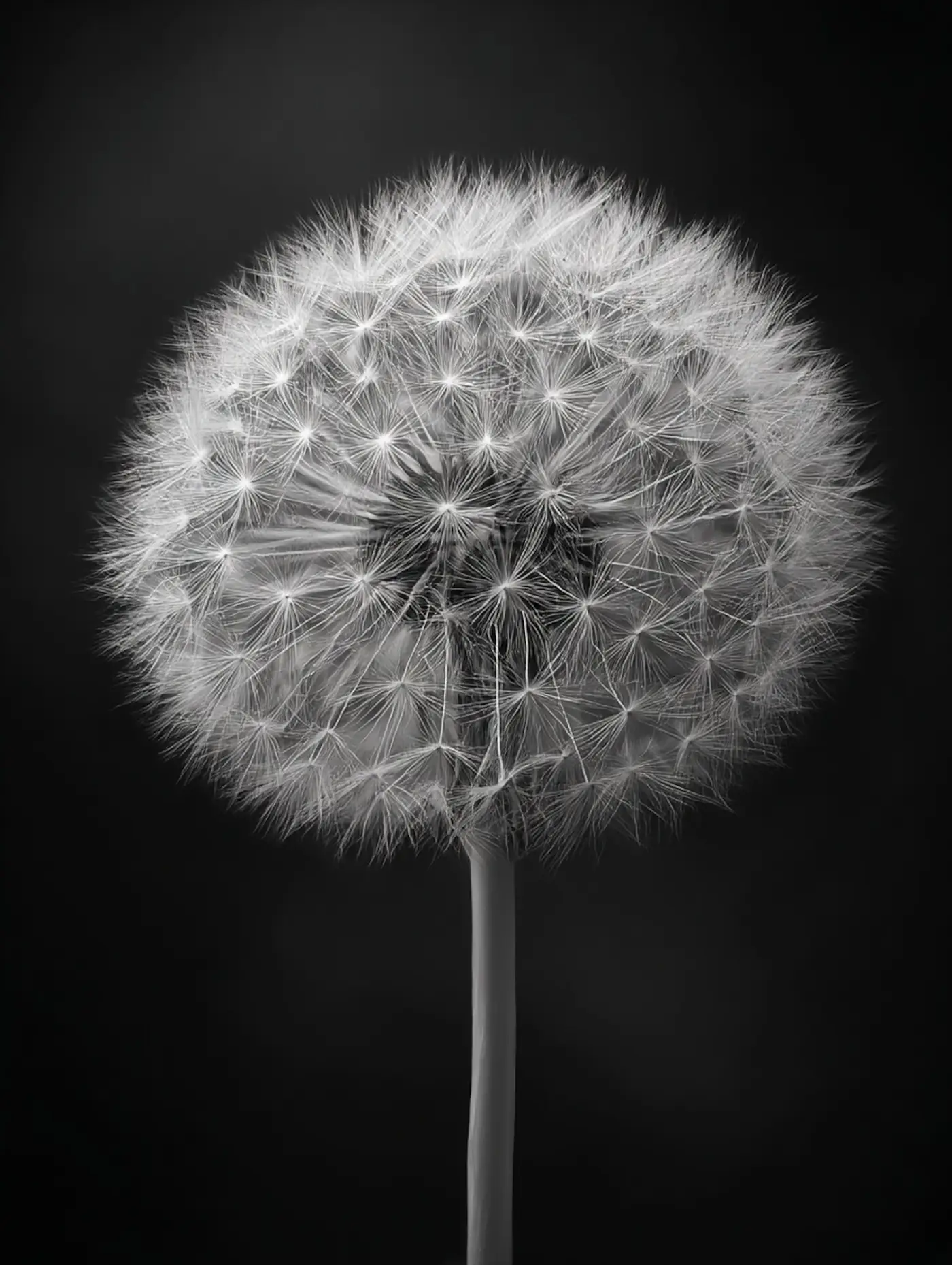 A white dandelion seed head on a black background.