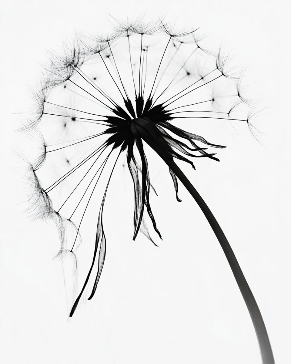 A dandelion with a curved stem, drawn in black on white.